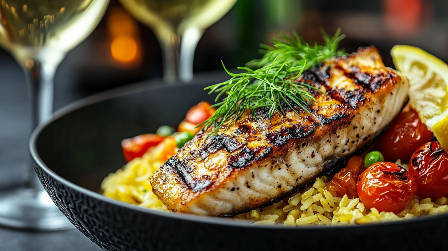 The Table at Lake Shadroe — grilled Gulf fish over saffron rice with blistered tomato and charred lemon